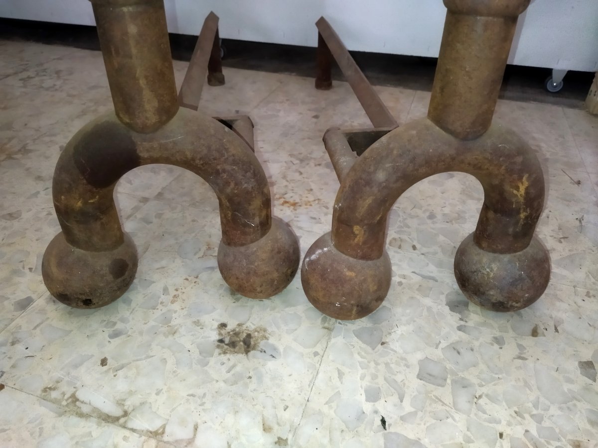 Imposante Paire de Chenets en Fonte et Laiton Accessoires Cheminée Chateau Maison de Maitre-photo-1