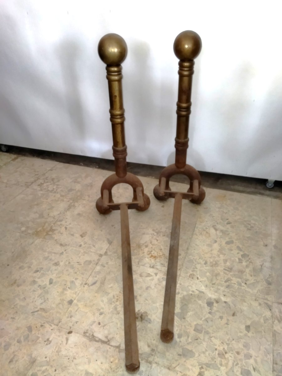 Imposante Paire de Chenets en Fonte et Laiton Accessoires Cheminée Chateau Maison de Maitre-photo-3