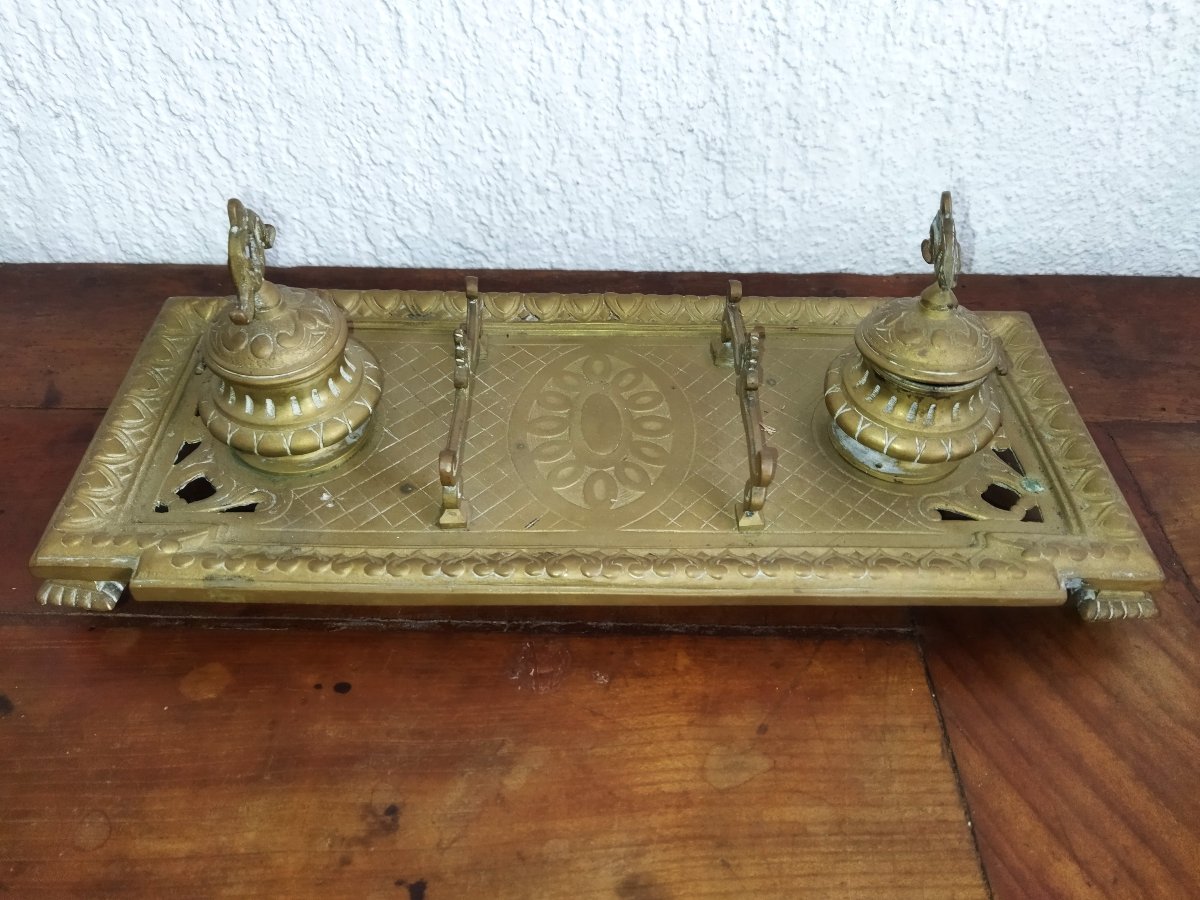 Double Bronze Inkwell With Pen Holder, Napoleon III -photo-3