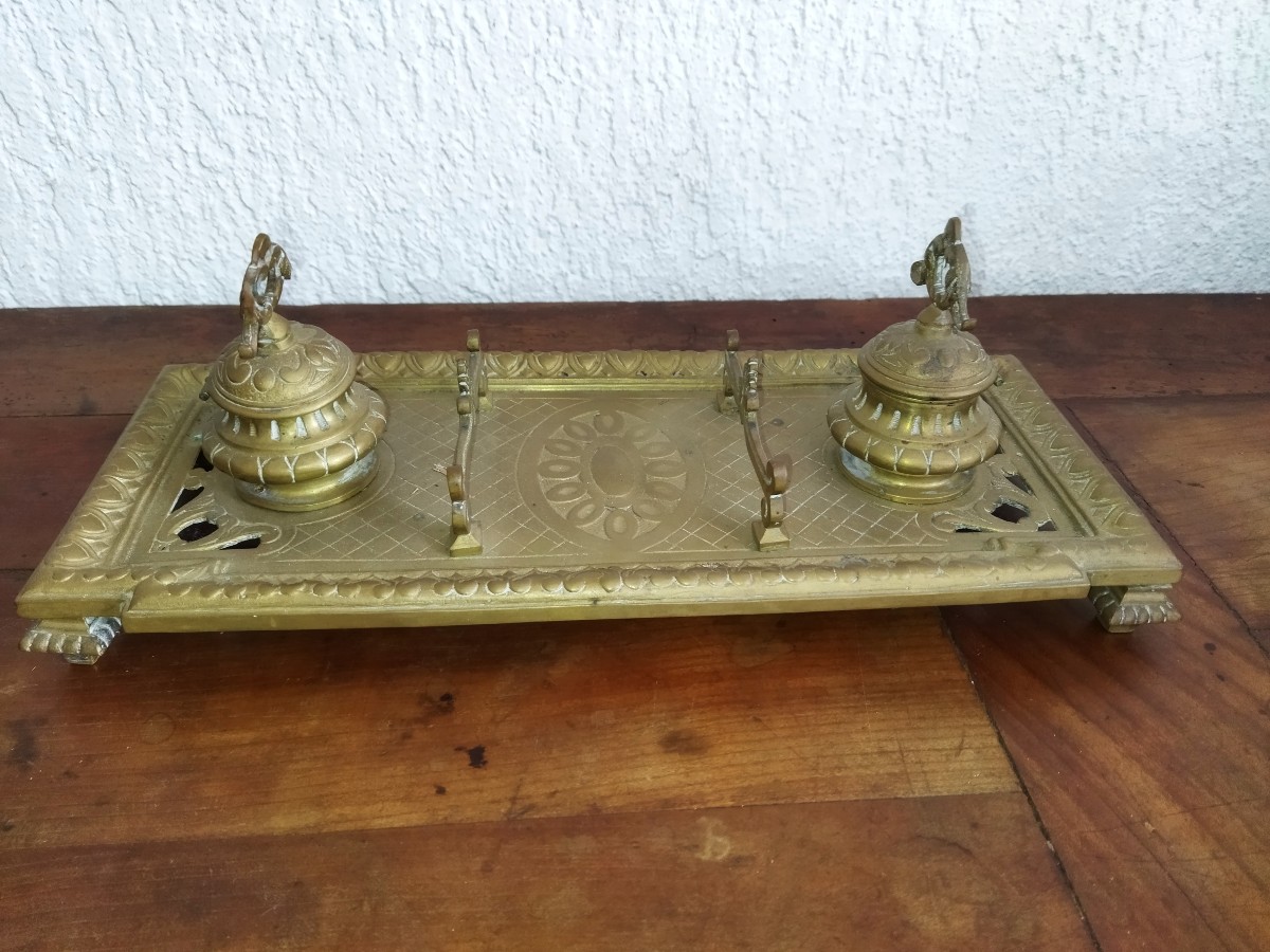 Double Bronze Inkwell With Pen Holder, Napoleon III 