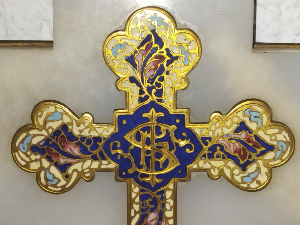 Crucifix Holy Water Font In Polychrome Cloisonné Enamels On Onyx And Bronze 19th Century-photo-1