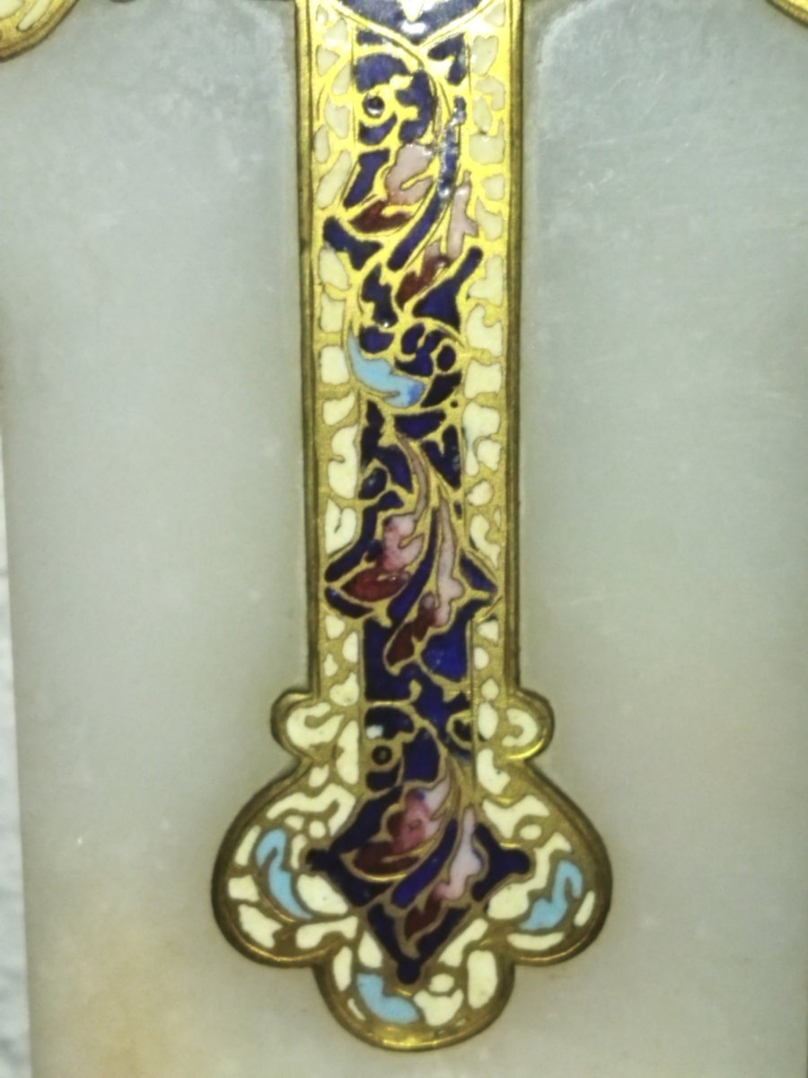 Crucifix Holy Water Font In Polychrome Cloisonné Enamels On Onyx And Bronze 19th Century-photo-2