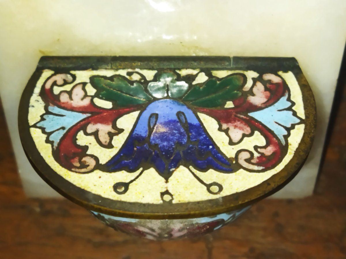 Crucifix Holy Water Font In Polychrome Cloisonné Enamels On Onyx And Bronze 19th Century-photo-3