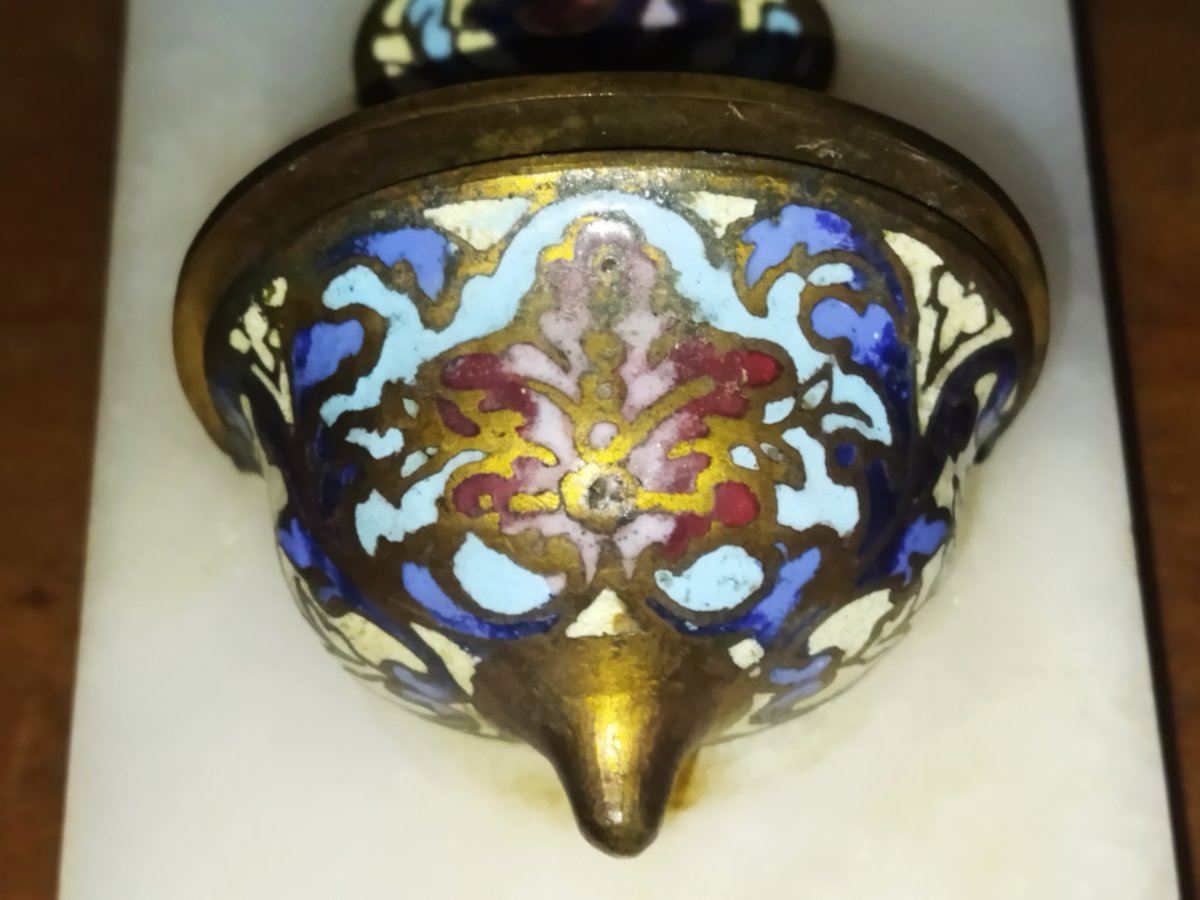 Crucifix Holy Water Font In Polychrome Cloisonné Enamels On Onyx And Bronze 19th Century-photo-4