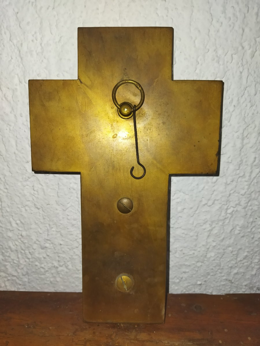 Crucifix Holy Water Font In Polychrome Cloisonné Enamels On Onyx And Bronze 19th Century-photo-5