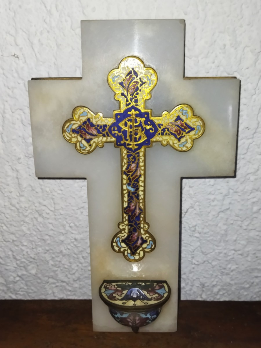 Crucifix Holy Water Font In Polychrome Cloisonné Enamels On Onyx And Bronze 19th Century