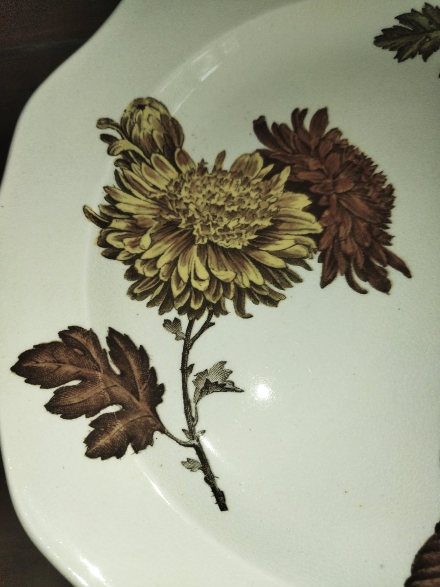 CHRYSANTEMUM PLAT ancien sur Piédouche en Faience Décor Floral Couleurs Automnales-photo-1