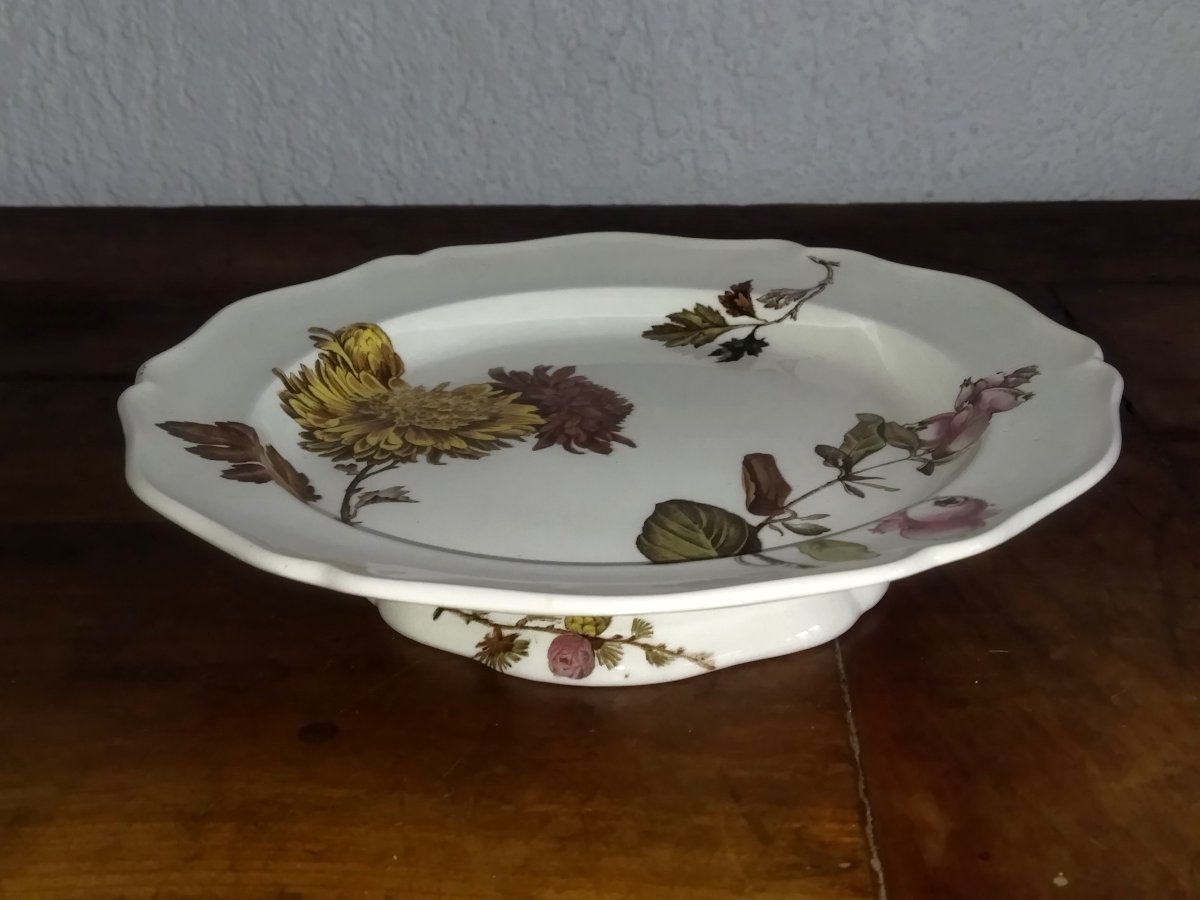 CHRYSANTEMUM PLAT ancien sur Piédouche en Faience Décor Floral Couleurs Automnales-photo-3