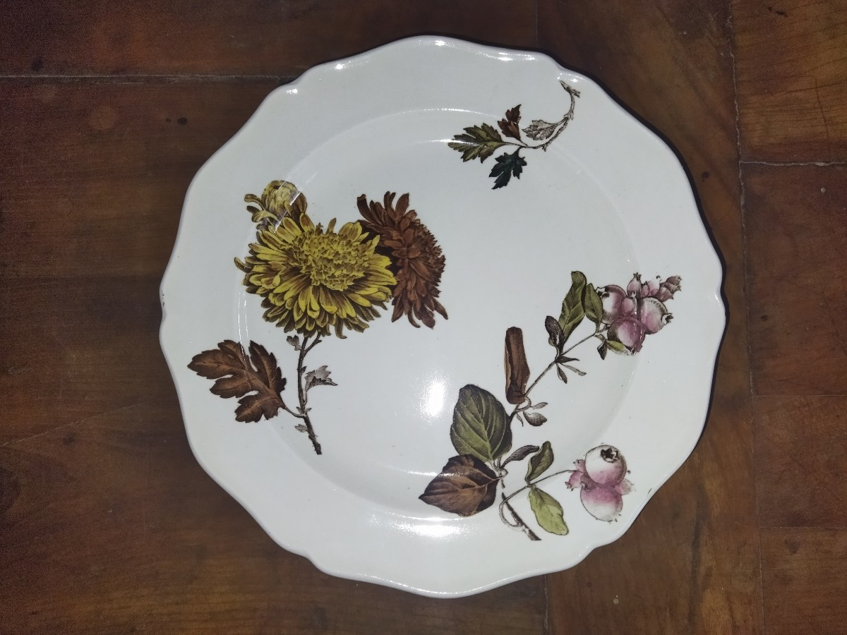 CHRYSANTEMUM PLAT ancien sur Piédouche en Faience Décor Floral Couleurs Automnales