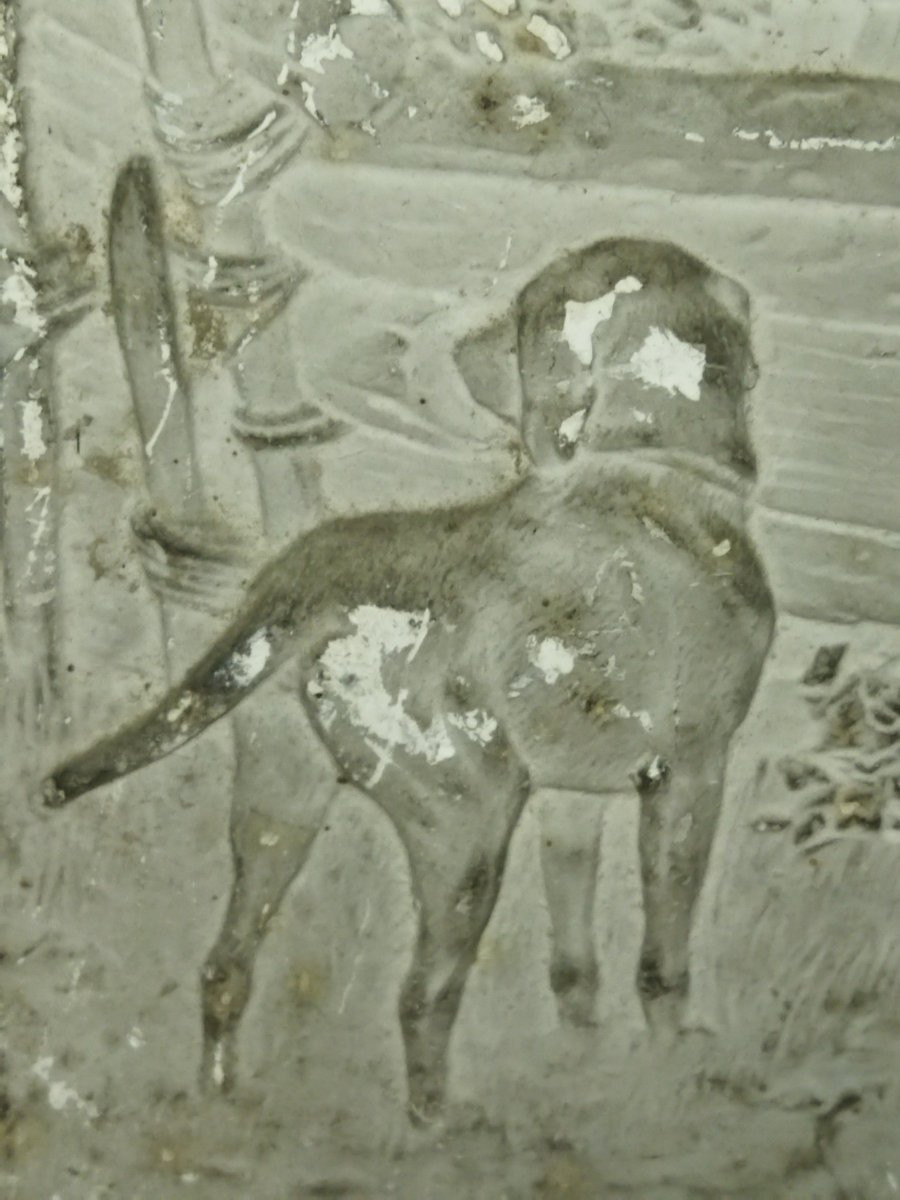 BAS RELIEF Petit Plâtre ancien Scène champêtre Chasseur & son Chien-photo-3