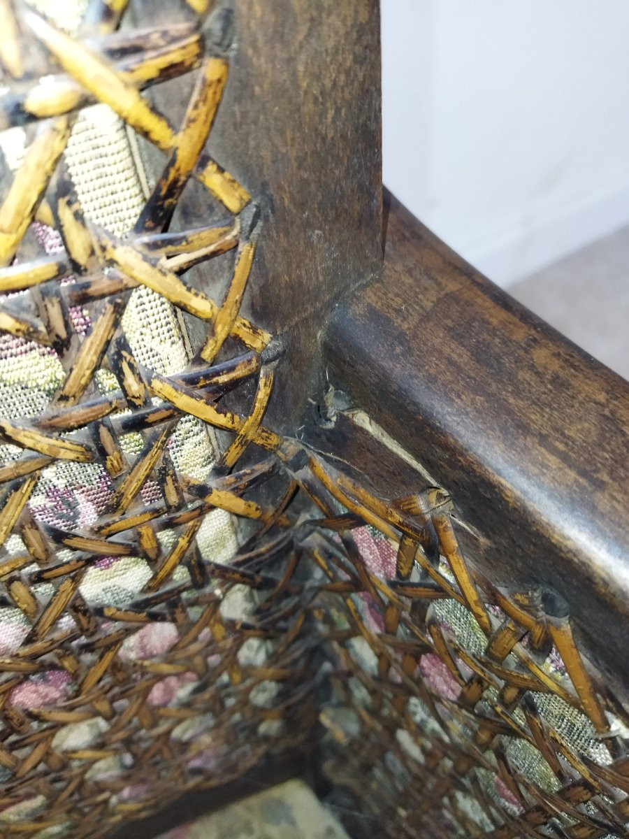 Antique Armchair Solid Wood Cane And Fabric -photo-1