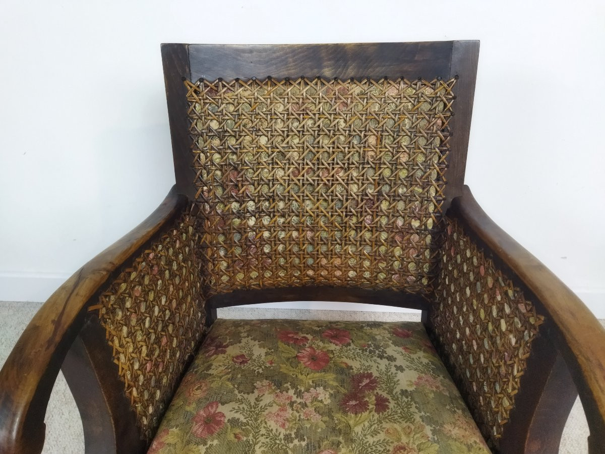 Antique Armchair Solid Wood Cane And Fabric -photo-2
