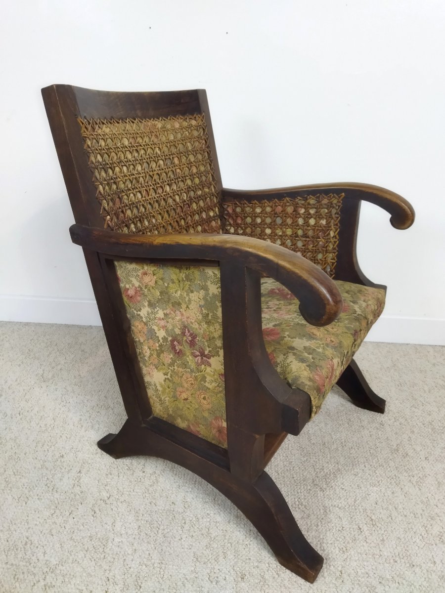 Antique Armchair Solid Wood Cane And Fabric -photo-3