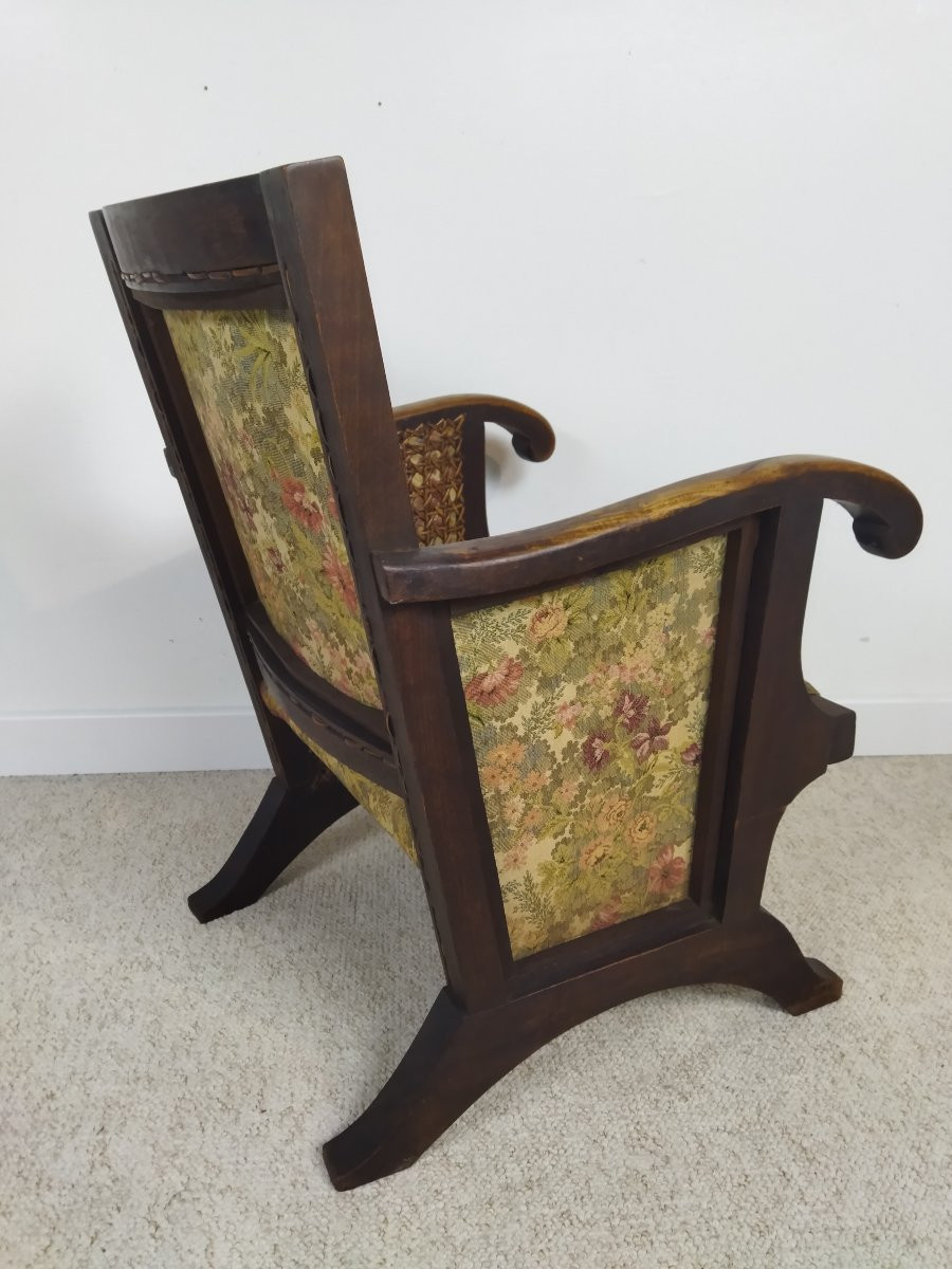 Antique Armchair Solid Wood Cane And Fabric -photo-4