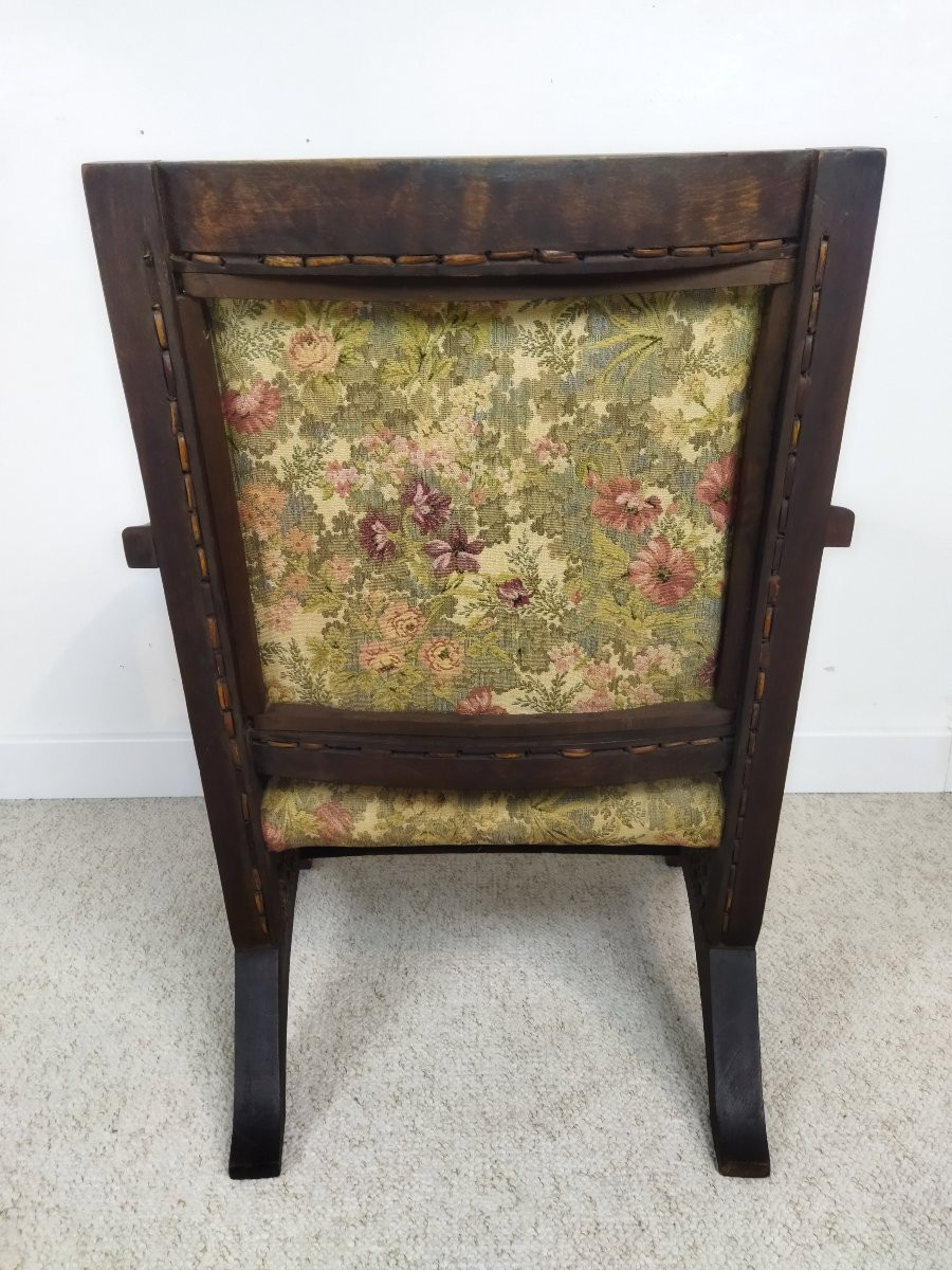 Antique Armchair Solid Wood Cane And Fabric -photo-5