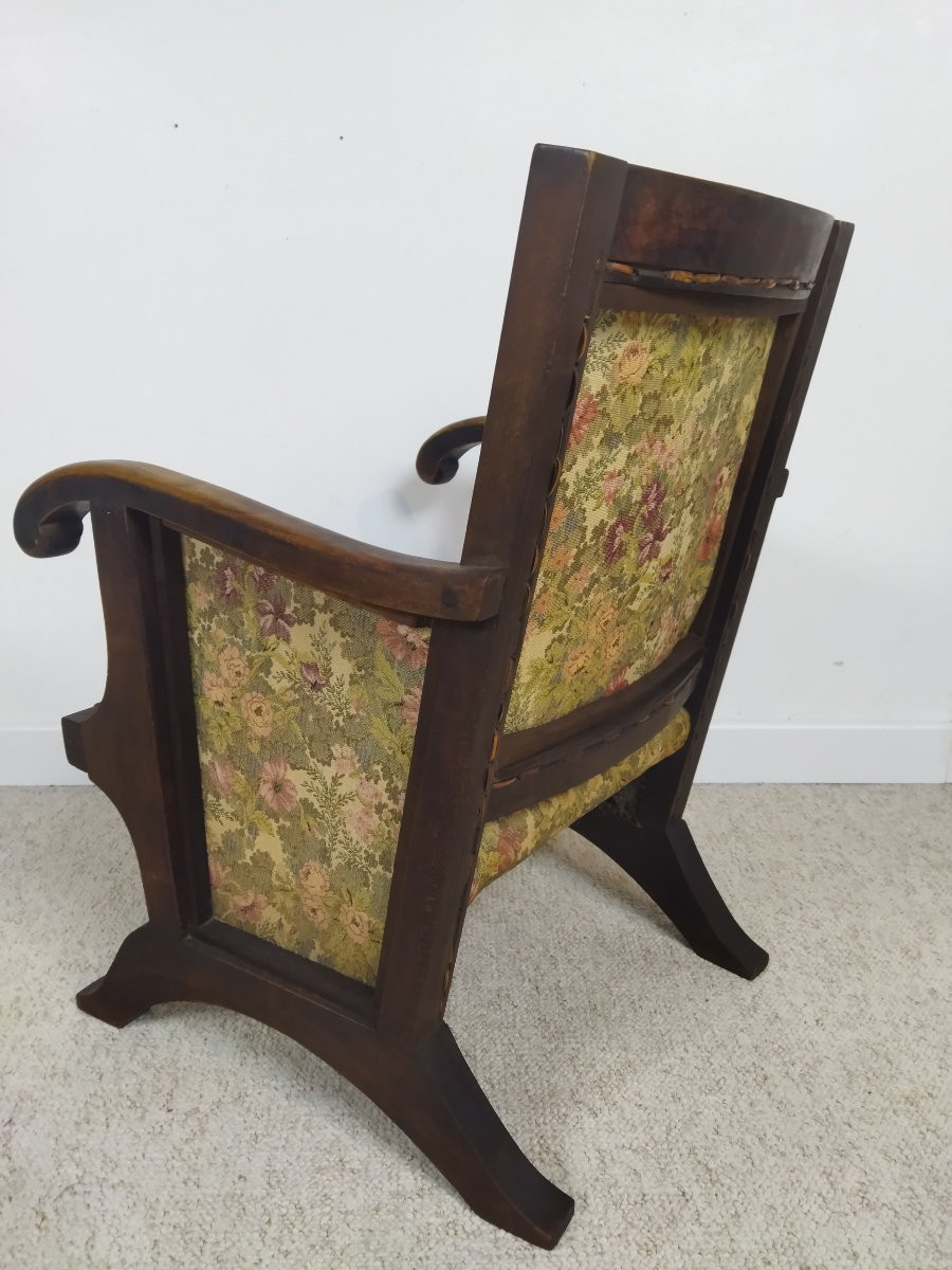 Antique Armchair Solid Wood Cane And Fabric -photo-6