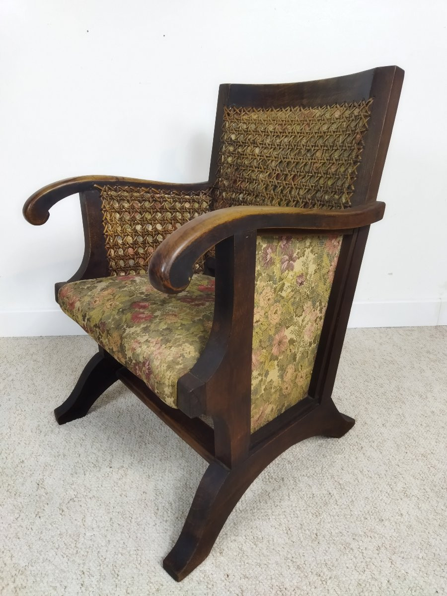 Antique Armchair Solid Wood Cane And Fabric -photo-7