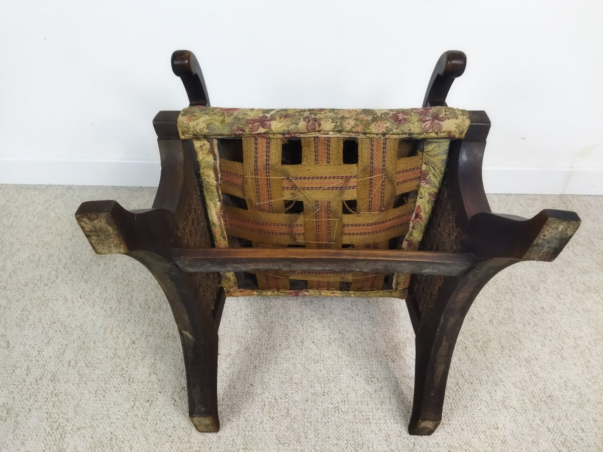 Antique Armchair Solid Wood Cane And Fabric -photo-8