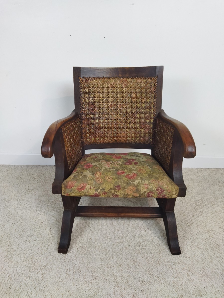 Antique Armchair Solid Wood Cane And Fabric 