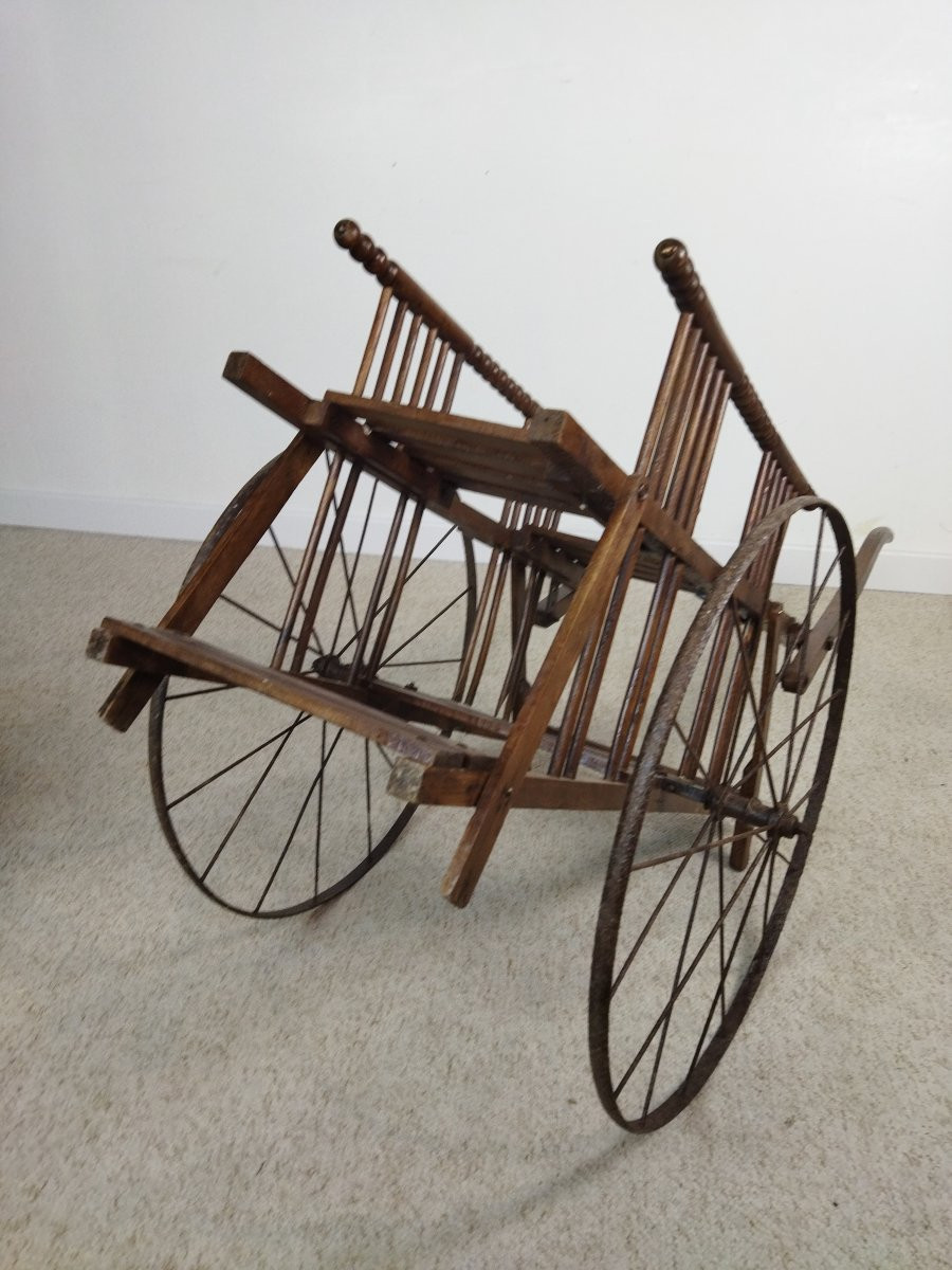 Handcart Double Seat Solid Wood Steel Wheels Traction For Children Good Condition-photo-6