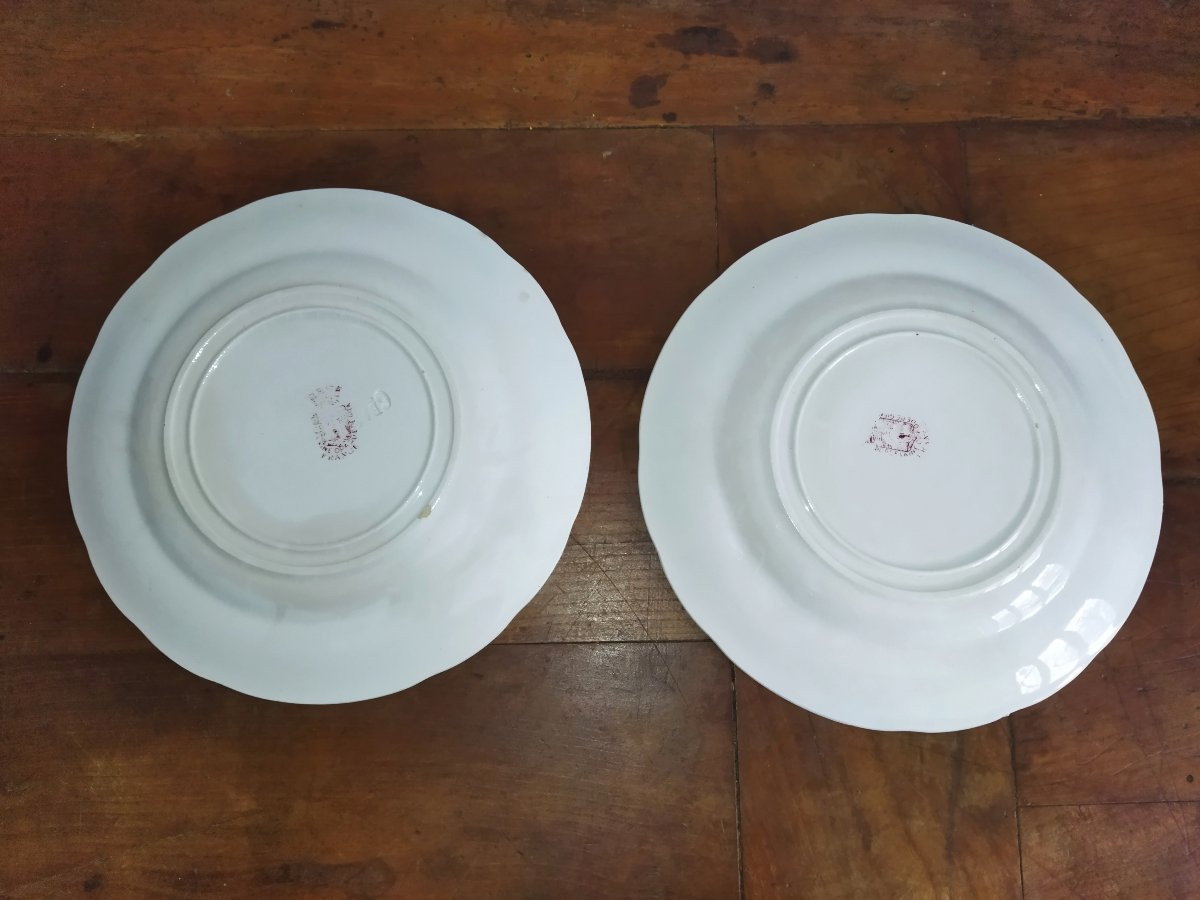 GIEN Série de 7 Assiettes roses anciennes à Dessert Légendées "Proverbes et Militaires" XIX-photo-2