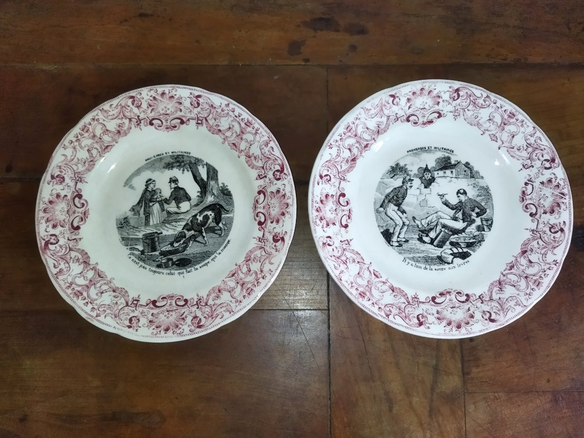 GIEN Série de 7 Assiettes roses anciennes à Dessert Légendées "Proverbes et Militaires" XIX-photo-3