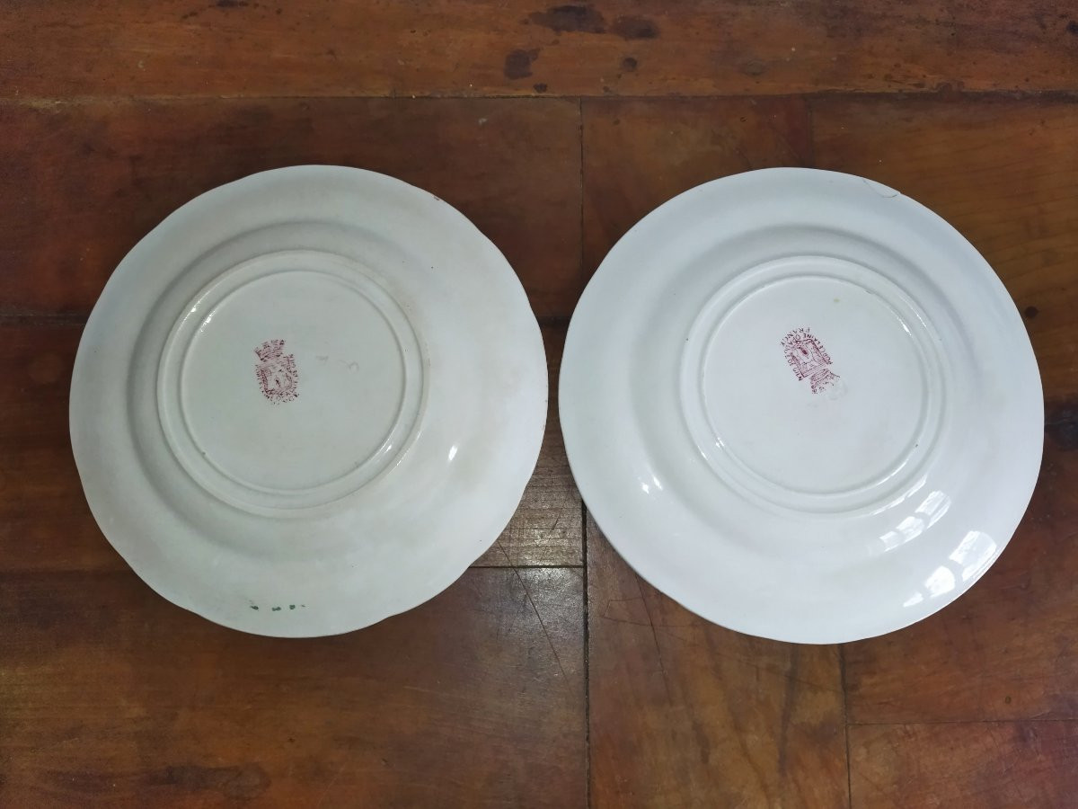 GIEN Série de 7 Assiettes roses anciennes à Dessert Légendées "Proverbes et Militaires" XIX-photo-4