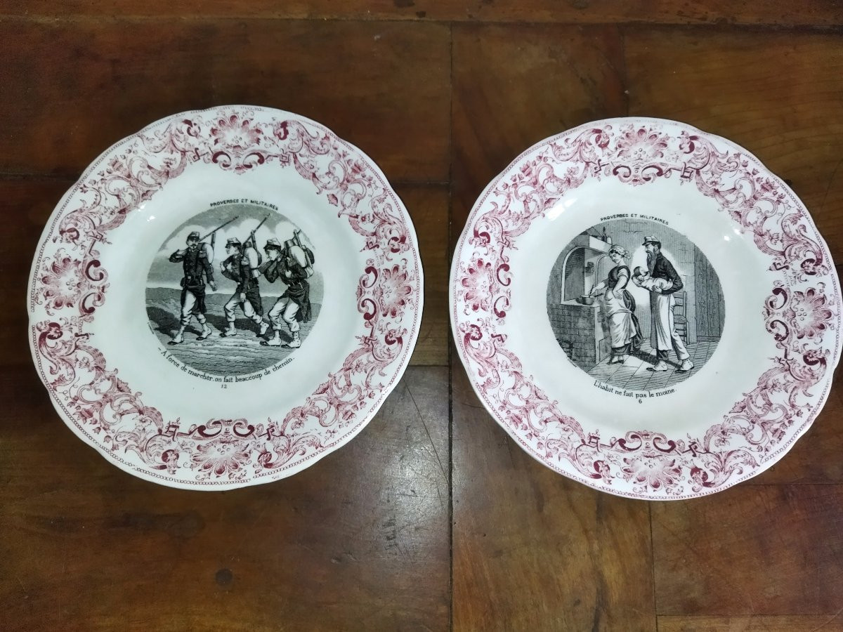 GIEN Série de 7 Assiettes roses anciennes à Dessert Légendées "Proverbes et Militaires" XIX-photo-5