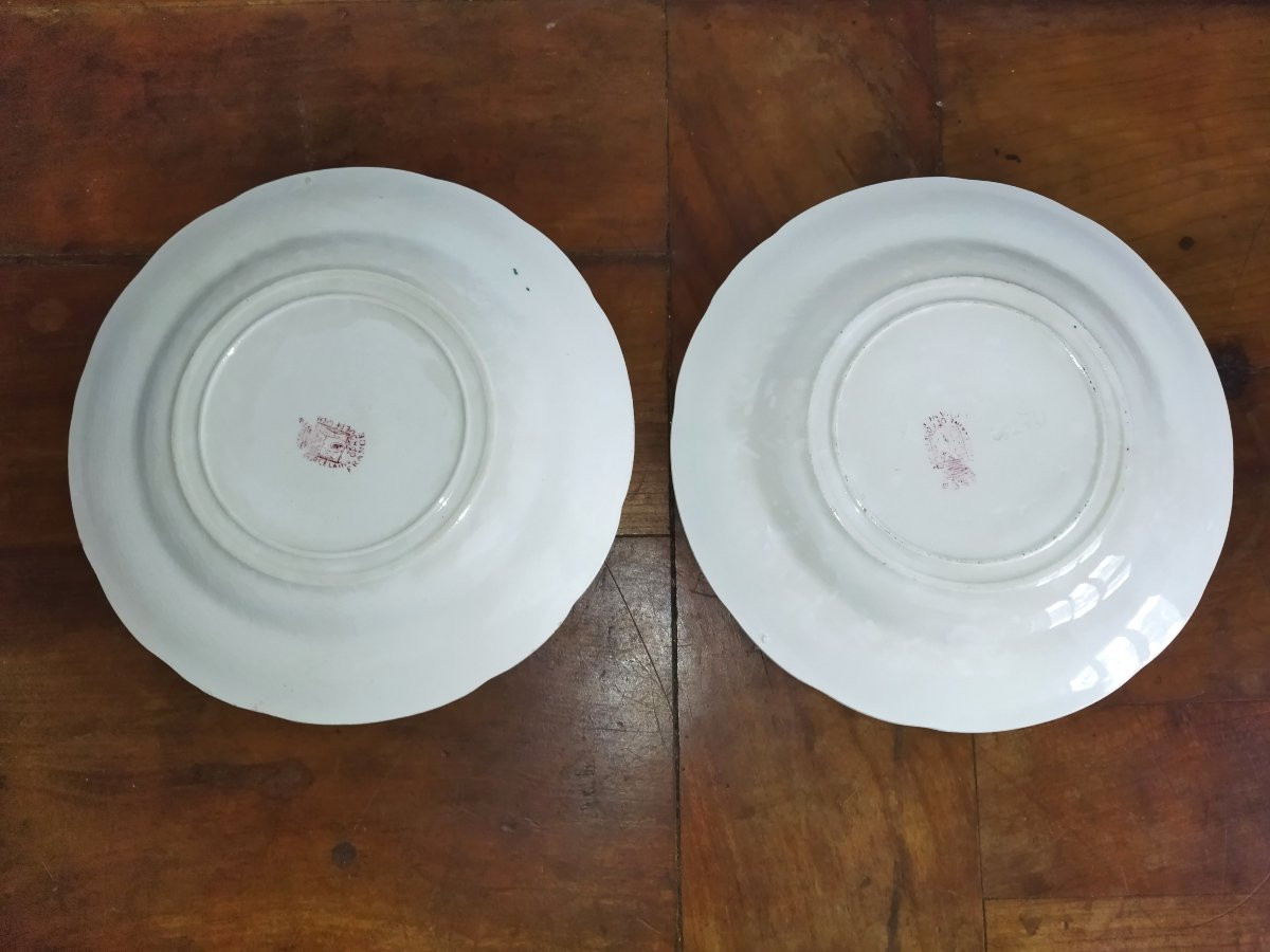 GIEN Série de 7 Assiettes roses anciennes à Dessert Légendées "Proverbes et Militaires" XIX-photo-6