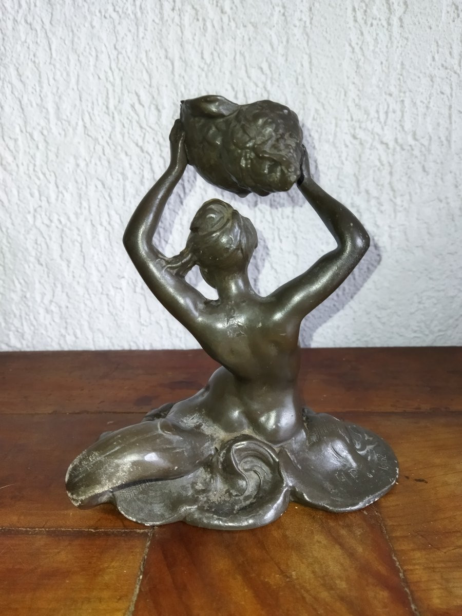Art Nouveau Candle Holder Curiosity Mermaid Woman Fish Topped With A Shell Collection-photo-3