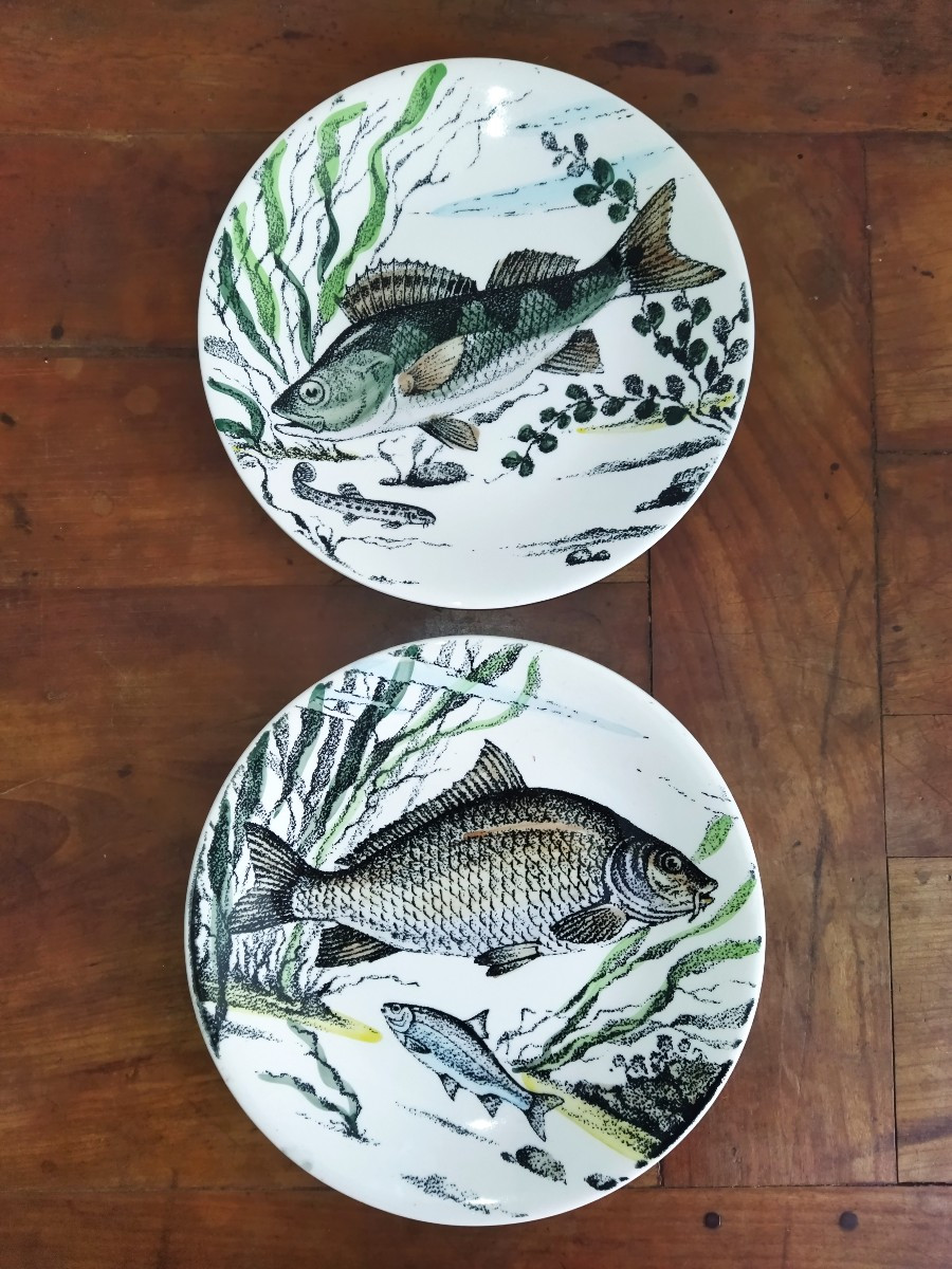 GIEN "CHAMBORD" 2 Assiettes en Faience Décor de Poissons carnassiers Brochet Carpe