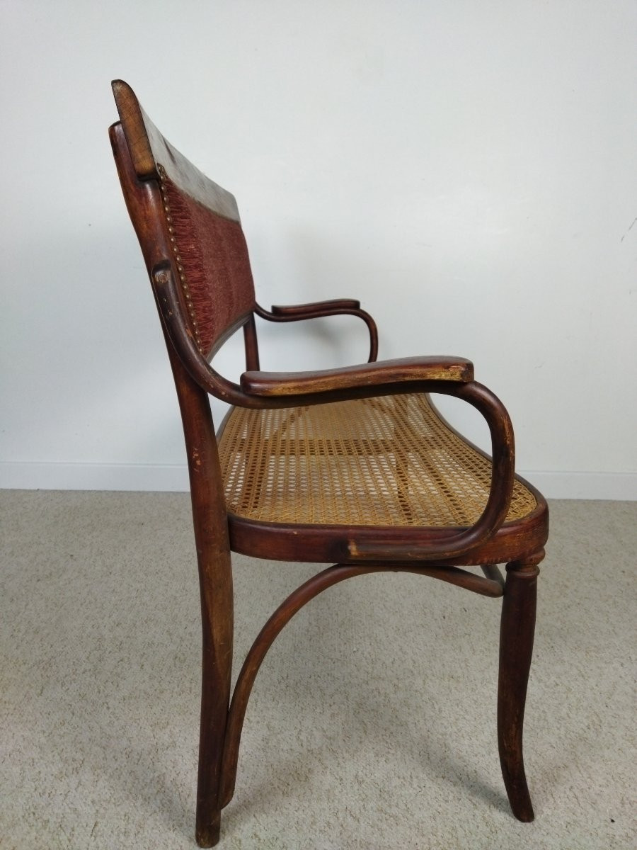 Thonet Wooden And Cane Bench With Bordeaux Fabric Backrest-photo-2