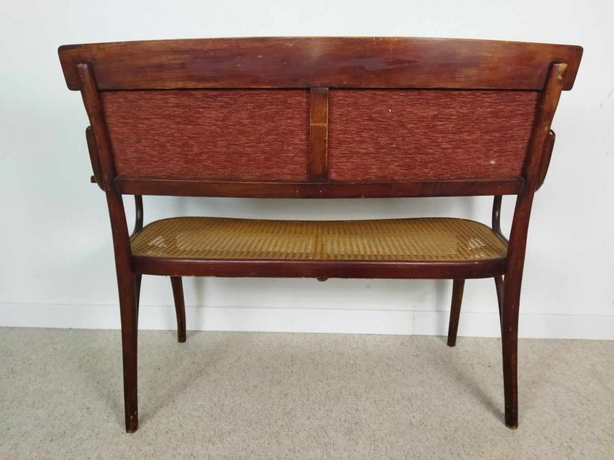 Thonet Wooden And Cane Bench With Bordeaux Fabric Backrest-photo-3