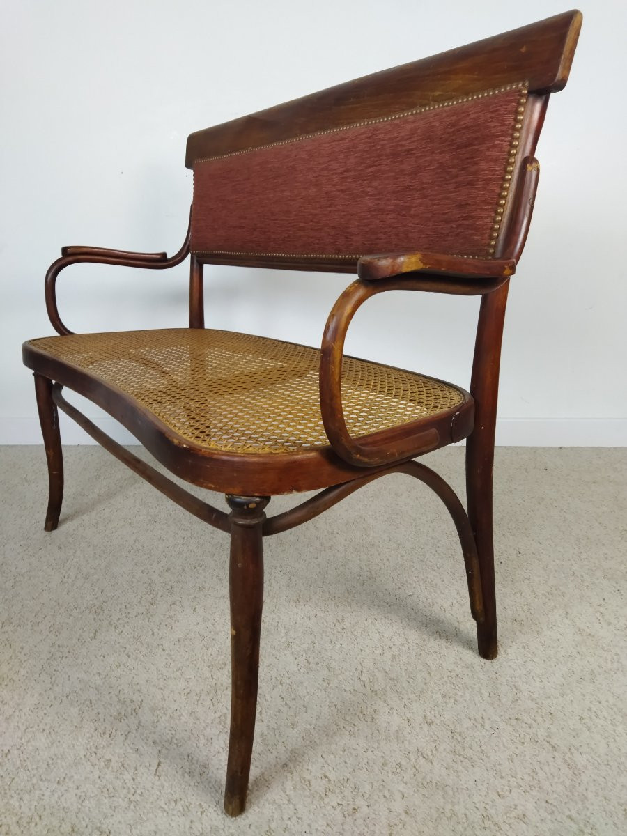 Thonet Wooden And Cane Bench With Bordeaux Fabric Backrest-photo-4