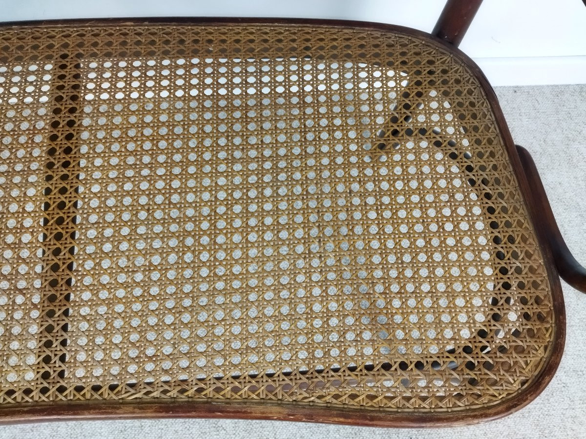 Thonet Wooden And Cane Bench With Bordeaux Fabric Backrest-photo-2