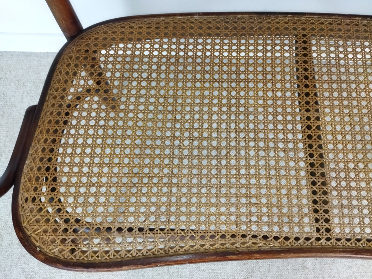 Thonet Wooden And Cane Bench With Bordeaux Fabric Backrest-photo-3