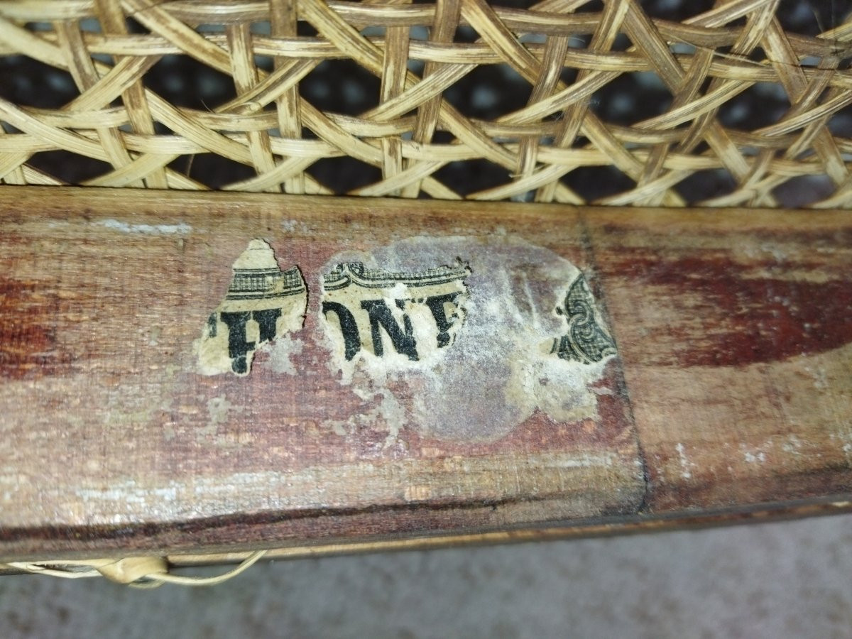 Thonet Wooden And Cane Bench With Bordeaux Fabric Backrest-photo-7