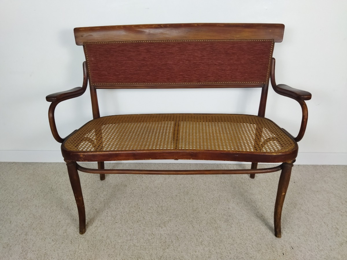 Thonet Wooden And Cane Bench With Bordeaux Fabric Backrest
