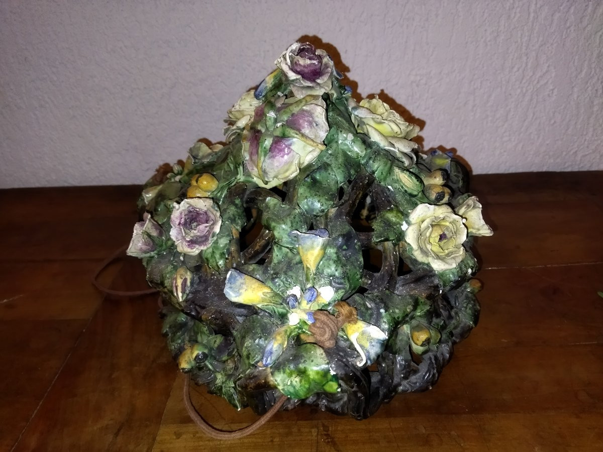 BARBOTINE Ancienne Motifs Floraux et Branchages en Fort relief Suspension Lustre ajouré-photo-5