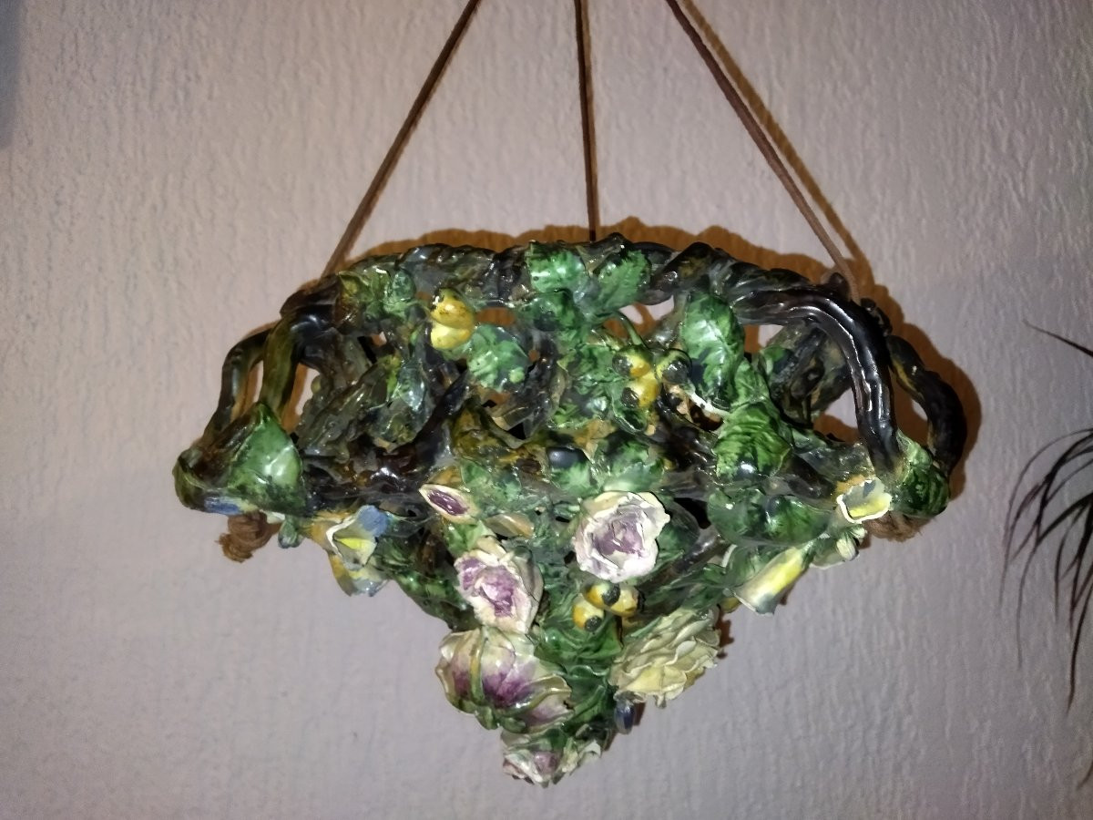 BARBOTINE Ancienne Motifs Floraux et Branchages en Fort relief Suspension Lustre ajouré-photo-8