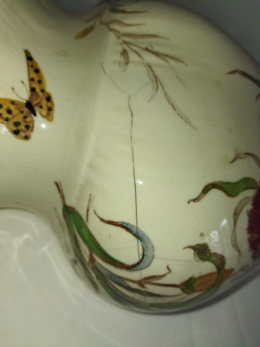 FONTAINE Murale Ancienne en Céramique Émaillée peinte à Décor d'Œillets et Papillons XIX -photo-4