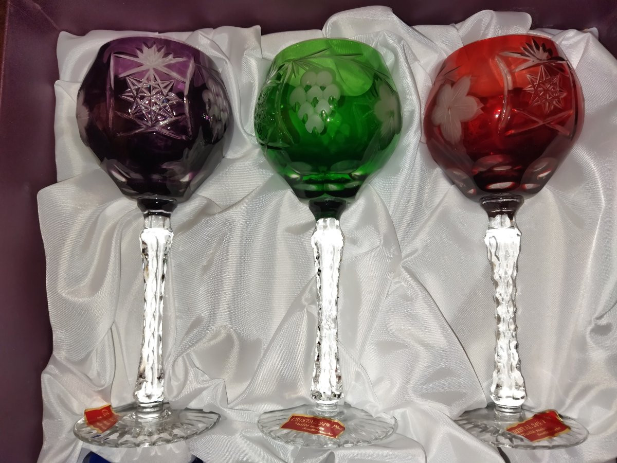 Cristal De Lorraine 6 Colored Cut Crystal Stemmed Glasses, New Condition -photo-3