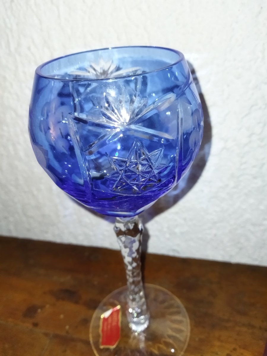 Cristal De Lorraine 6 Colored Cut Crystal Stemmed Glasses, New Condition -photo-1