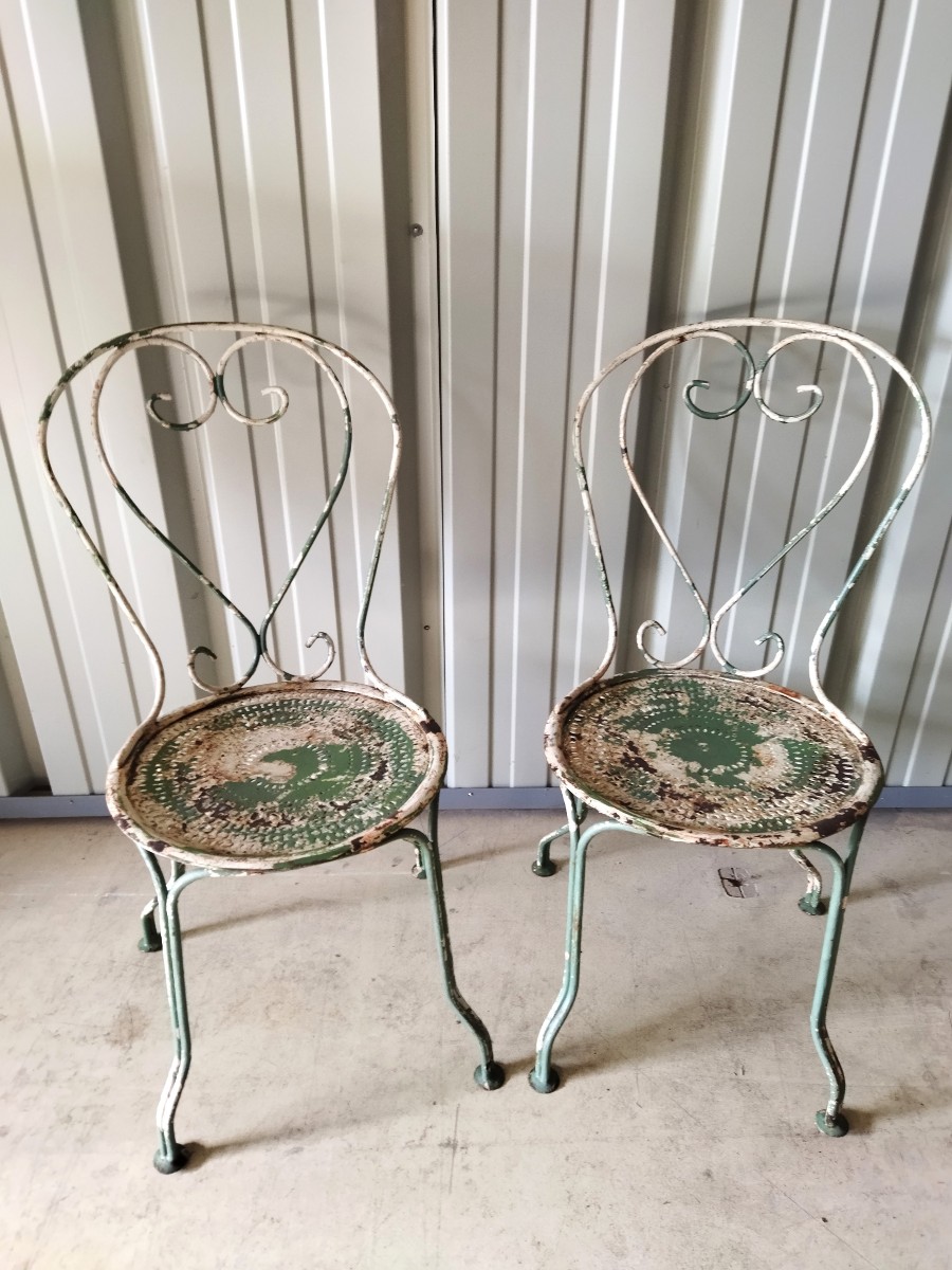 Pair Of Napoleon III Chairs, Wrought Iron, Double Legs