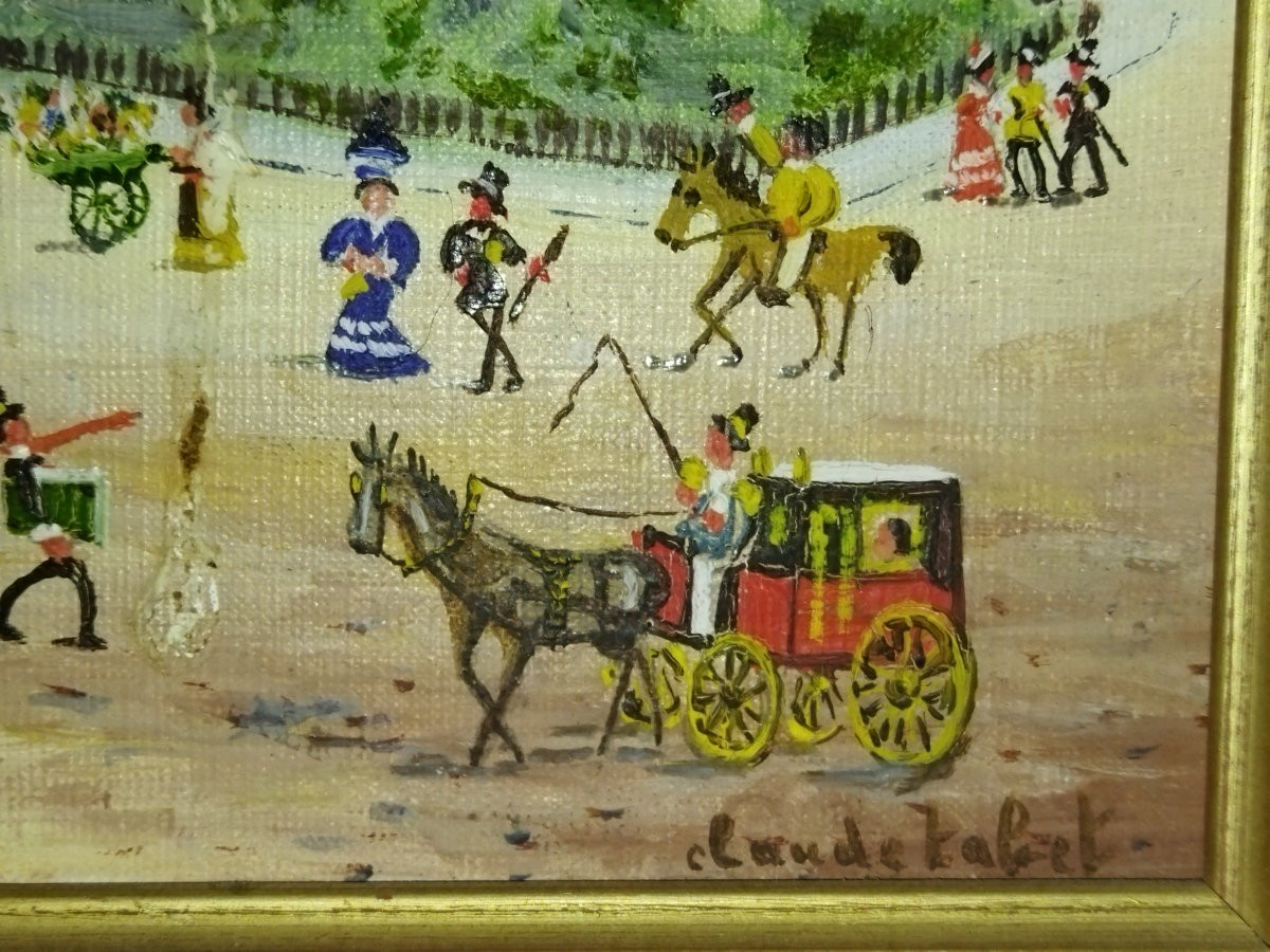 CLAUDE TABET Huile sur Toile Peinture naive contemporaine animée "La Cour du Louvre"-photo-2