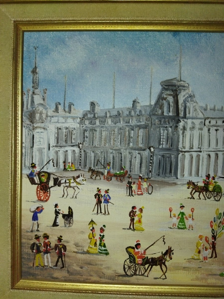 CLAUDE TABET Huile sur Toile Peinture naive contemporaine animée "La Cour du Louvre"-photo-5