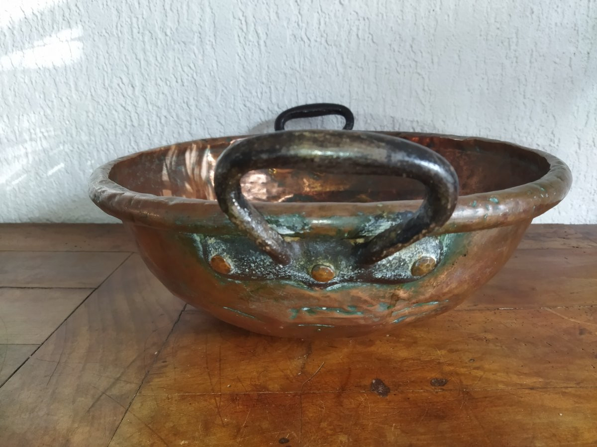 Antique Confectioner's/chocolatier's Basin, Thick Copper, Forged Steel Handles, "chicken Bottom"-photo-2
