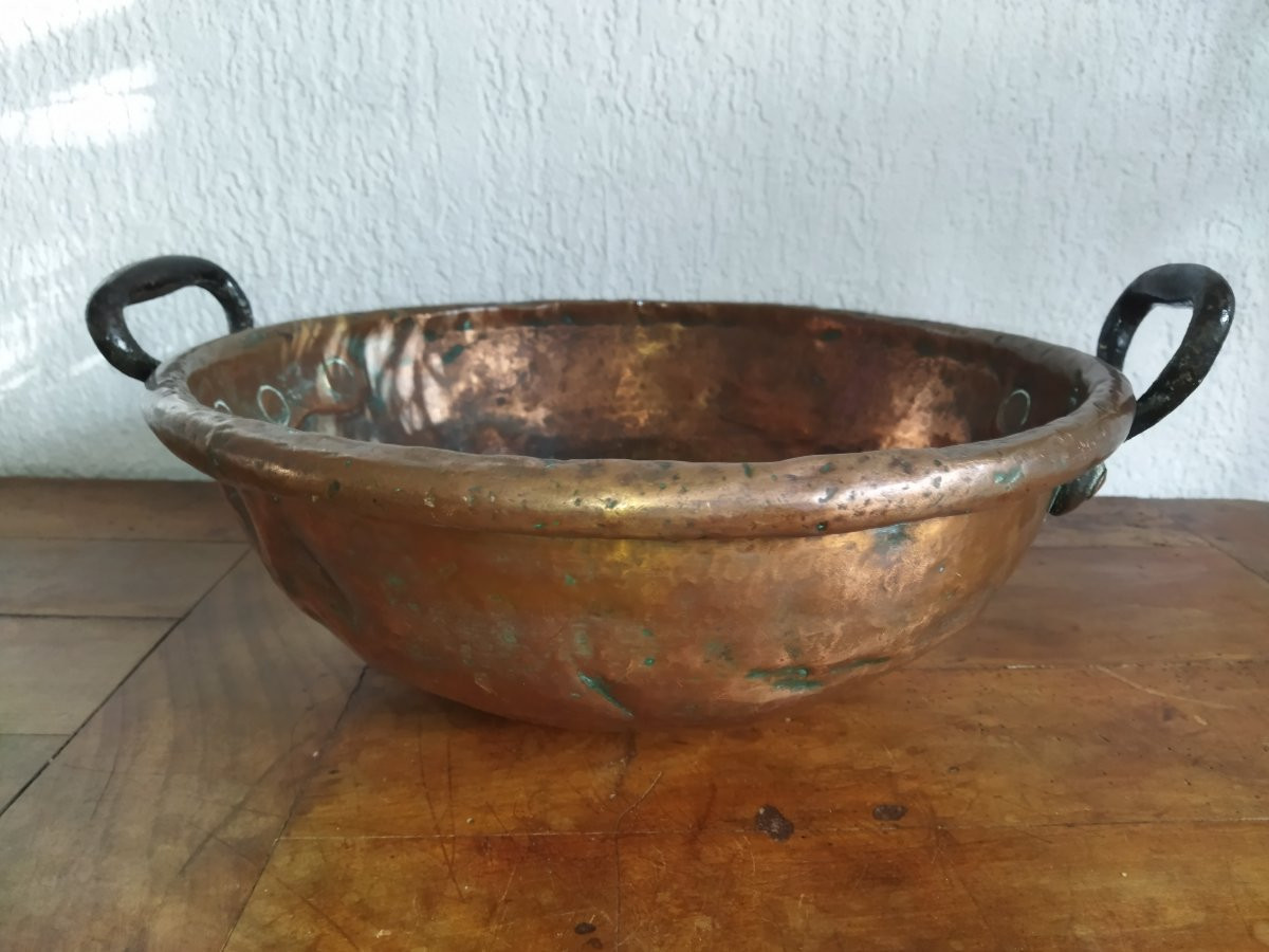 Antique Confectioner's/chocolatier's Basin, Thick Copper, Forged Steel Handles, "chicken Bottom"-photo-3