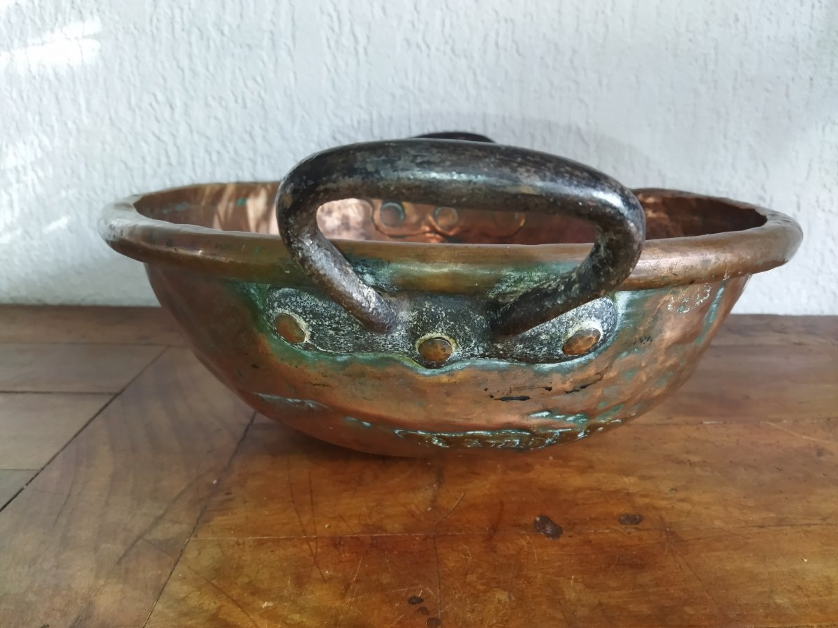 Antique Confectioner's/chocolatier's Basin, Thick Copper, Forged Steel Handles, "chicken Bottom"-photo-4