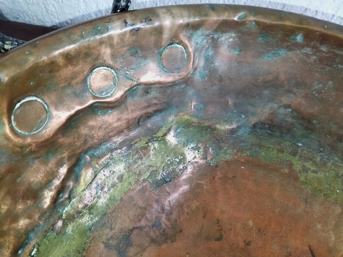 Antique Confectioner's/chocolatier's Basin, Thick Copper, Forged Steel Handles, "chicken Bottom"-photo-1